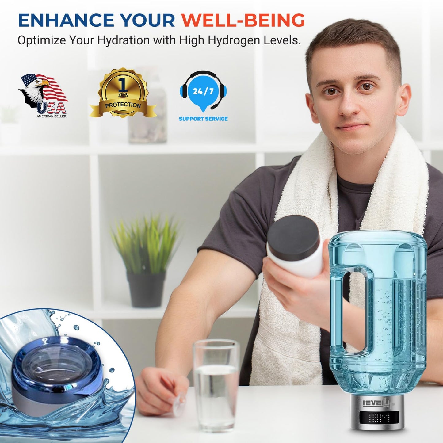 Level Up Way - 2026 New Hydrogen Water Bottle Jug – Portable Hydrogen Water Generator with Digital Display – Up to 4000PPB - 51oz Capacity – Premium Hydration Solution for Home, Office & Gym