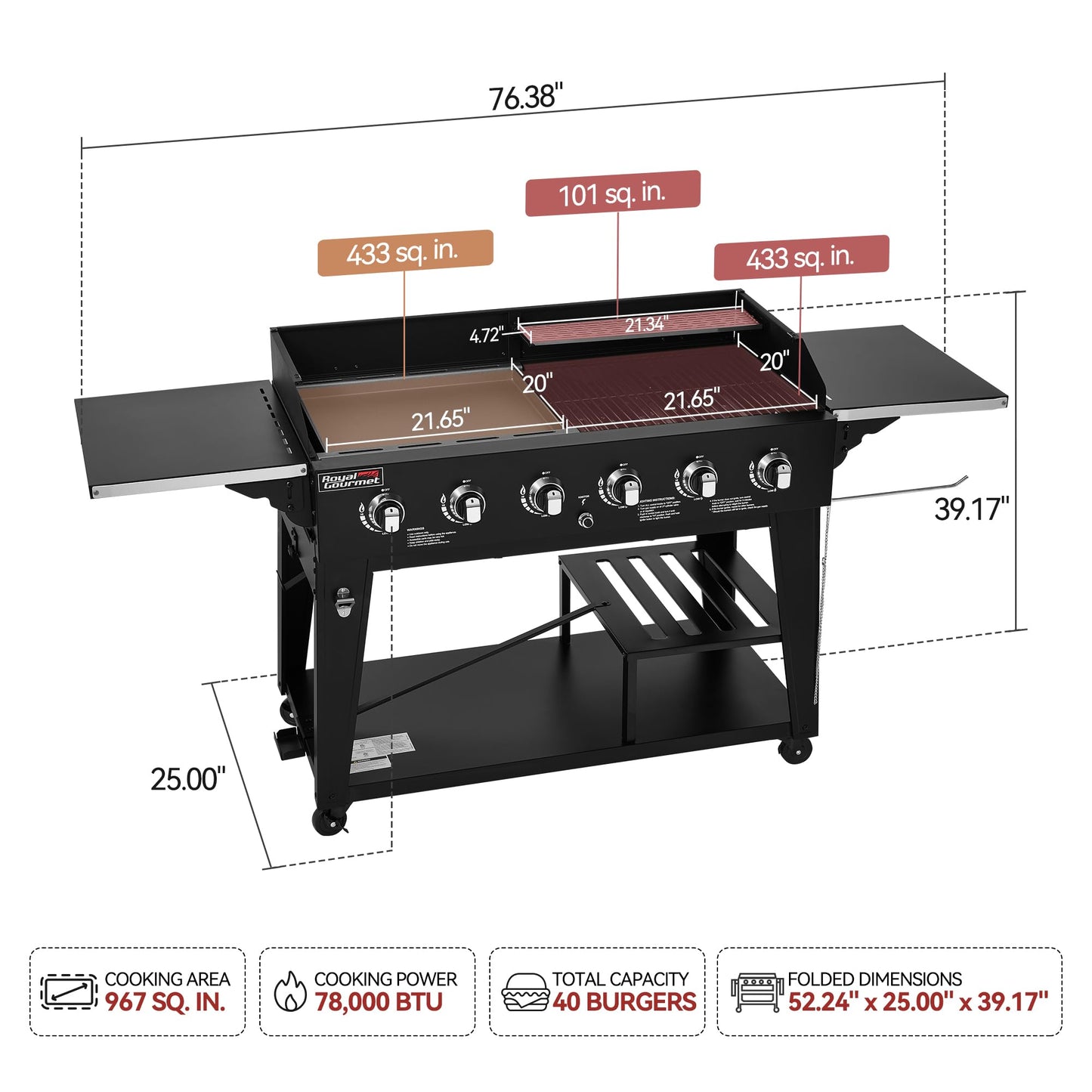 Royal Gourmet GD601B 6-Burner Gas Grill and Griddle Combo, Large Cooking Capacity Propane Grill & Griddle 2-in-1, 78,000 BTU Output for Back Yard, Garden, Family Party, BBQ, Black