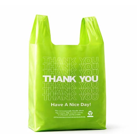 YoYoRain 100 Pack âThank Youâ T-Shirt Bags â Green Plastic Shopping Bags with Handles, for Retail, Grocery, Supermarket, Takeout