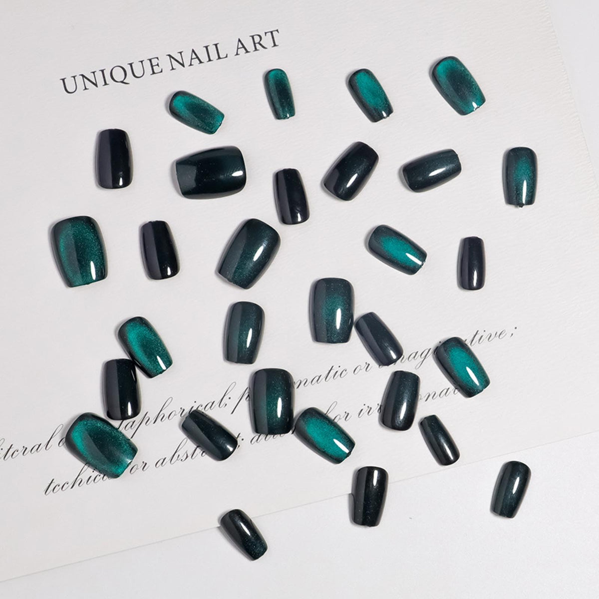Cat Eye Press on Nails Short Square Fake Nails with Glitter Designs Green Nails Press ons Black Glue on Nails Glossy False Nails Full Cover Stick on Nails for Women 24Pcs