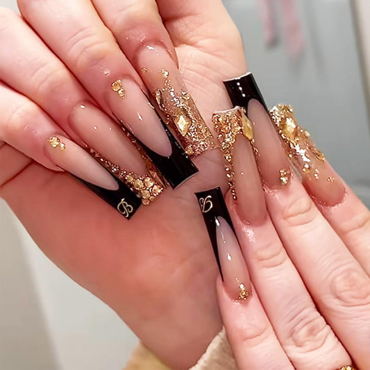 Black Gold French Tips Press on Nails, Long Square Fake Nails with Nude Base, Gold Glitter False Nails Rhinestone Fake Nails, Luxury Reusable Stick on Artificial Fingernails for Women Gift