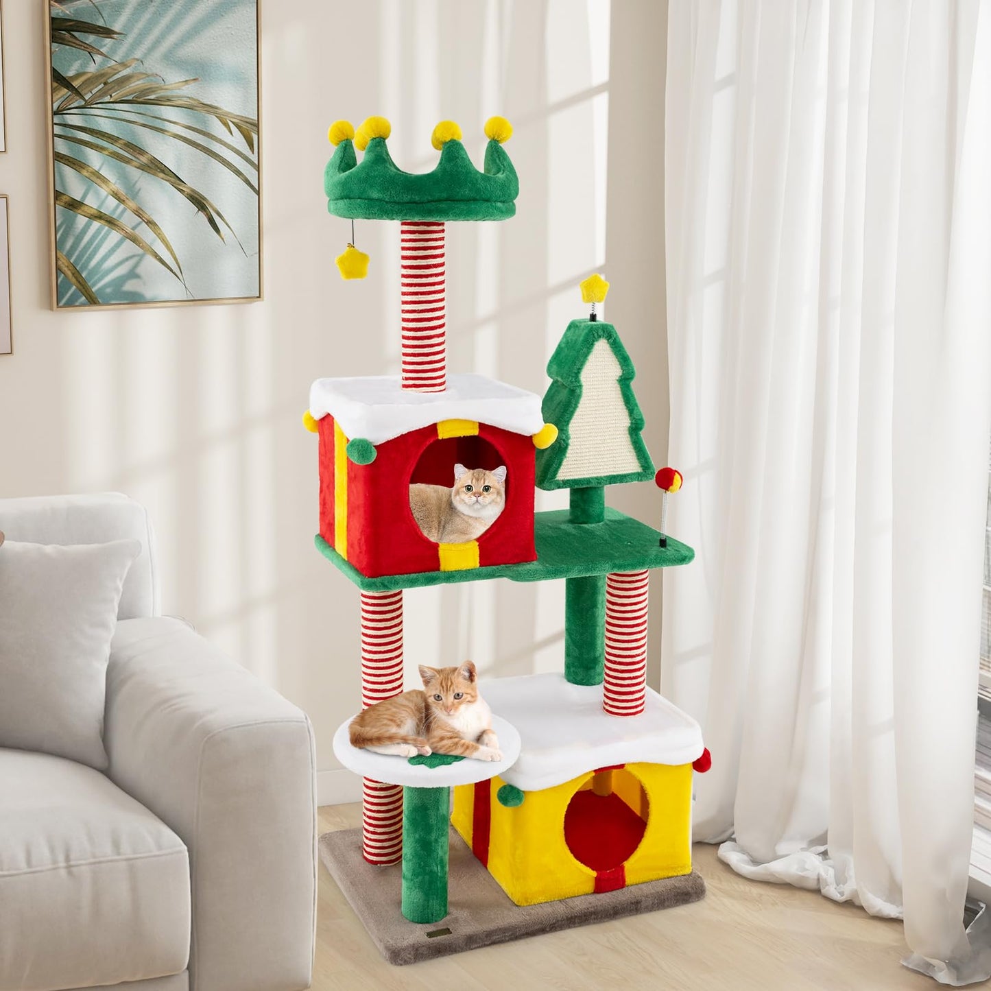 PETSITE 61 inch Christmas-Themed Cat Tree, Multi-Level Cat Tower with Sisal Scratching Posts, 2 Gift Box-Shaped Cat Condos, Hanging Teasing Ball, and Spring Toys, Cute Cat Tree Tower for Indoor Cats