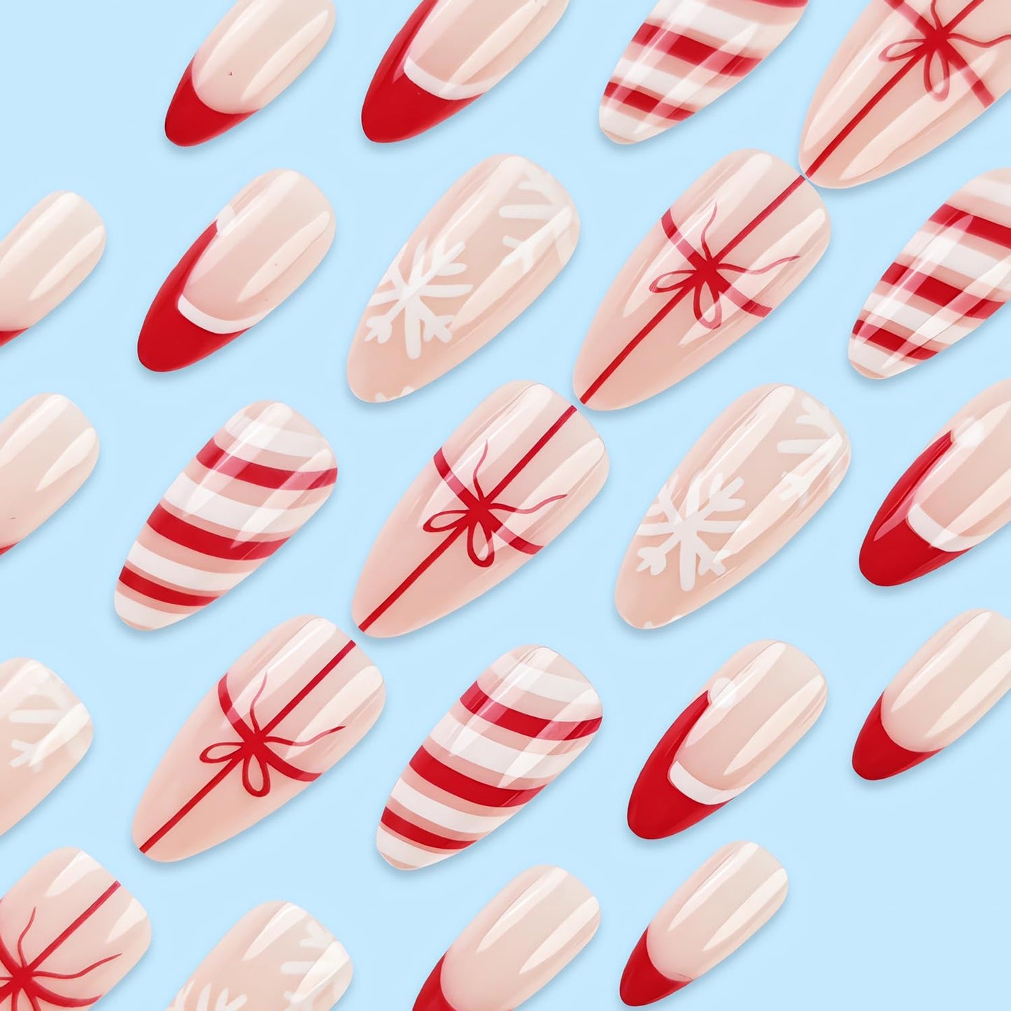 Medium Christmas Press on Nails Almond Shape Fake Nails Red Christmas Hat False Nails French Tip Designs Acrylic Glue on Nail Glossy Full Cover Snowflake Bow Stick on Nails for Women Nail Art 24Pcs