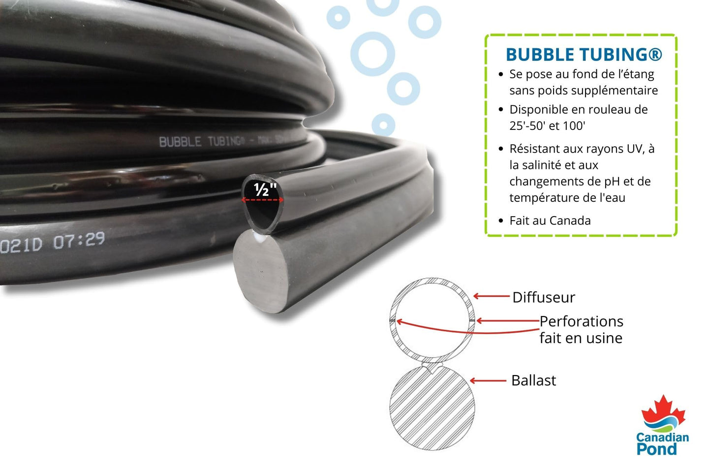 BUBBLE TUBING (½ in – Fine Bubble self-Sinking Diffuser Airline for Pond & Water Garden Aeration | High Oxygen Transfer, aerates and de-ICES Ponds, Easy Installation (50')