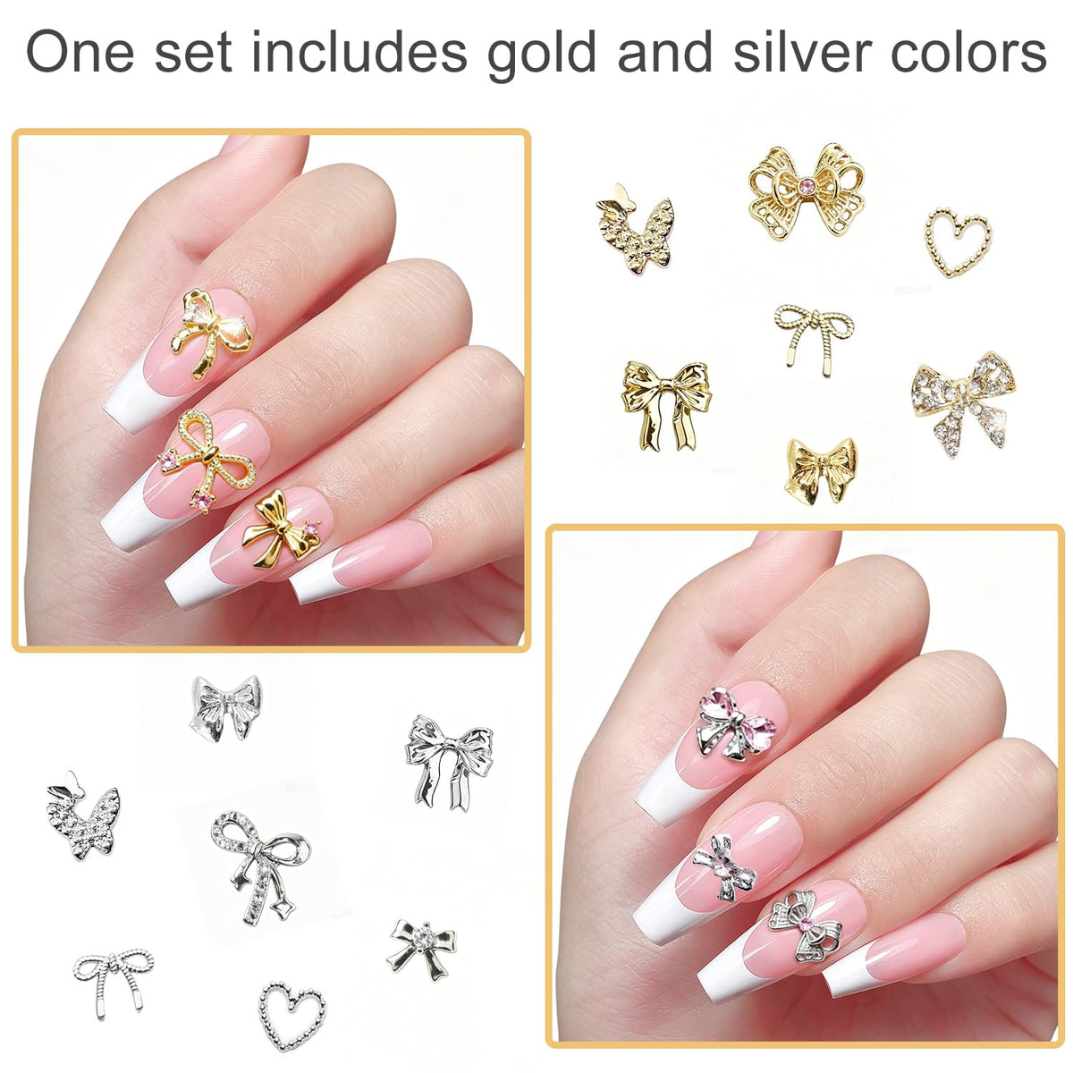 80Pcs Bow Nail Charms Gold Silver Bowknot Nail Art Charm and Gems with Rhinestones Shiny Nail Jewelry Acrylic Accessories for Women Girl DIY Nail Decorations