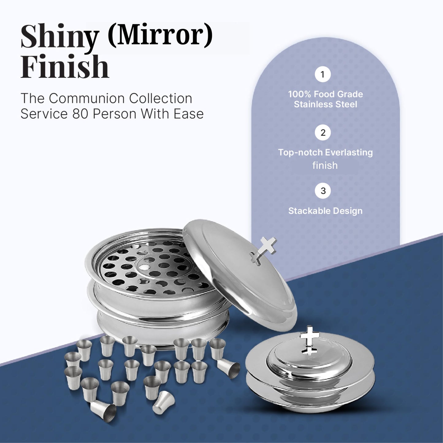 Communion Ware Church Set | Stackable 2 Communion Trays with Cover & 2 Bread Plates with Cover, 80 Cups Included | Ideal for Churches | Stainless Steel - Shiny (Silver) Finish
