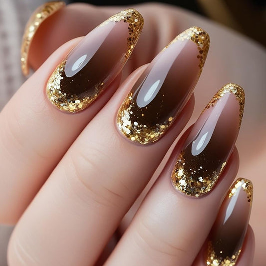 TBRZTR Brown Gradient Press on Nails Medium Almond Shaped Gold Glitter Powder Sequins Design Full Cover Press Ons False Nails Artificial Stick on Nail Acrylic Glossy Glue on Nails for Women 24Pcs