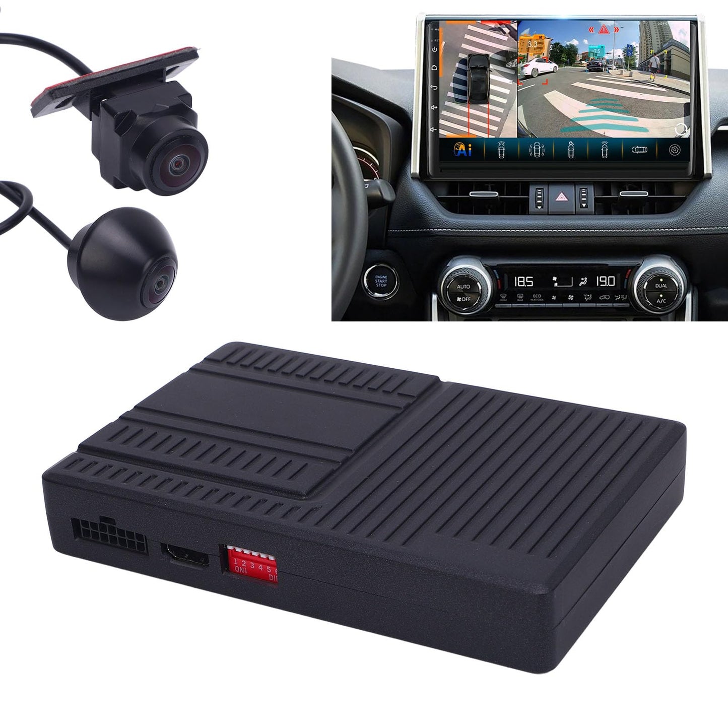 Round Rear View Camera System 360 Degree Panoramic Bird View Universal Fit for Most Cars with AI Detection and Recording