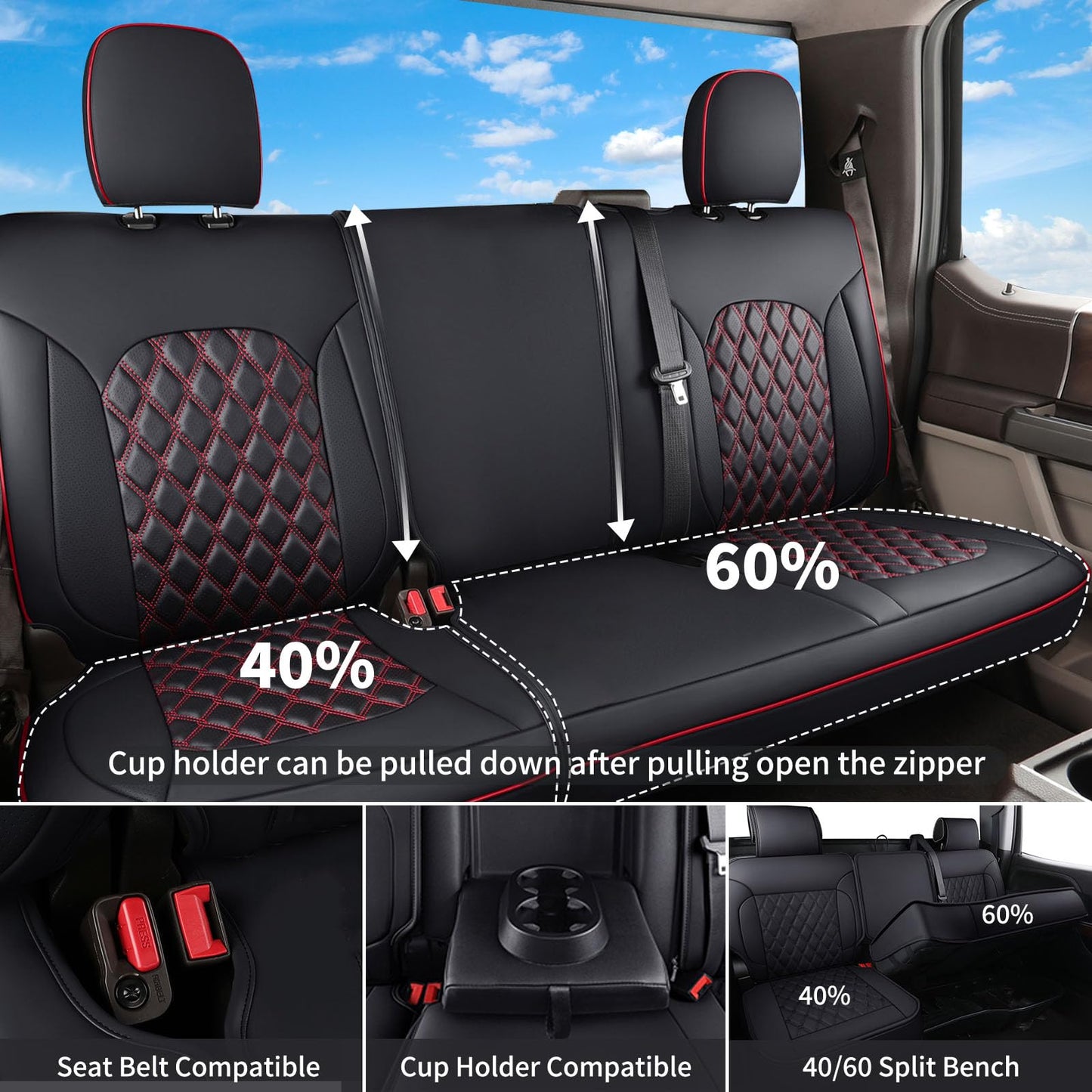 Huidasource Leather Seat Covers Custom Fit for Truck Chevy Silverado GMC Sierra 1500 2007-2013&2019-2025, 2500HD 3500HD 2020-2025 Crew Double Extended Cab Seat Cushion Protector (Full Set/Black&Red)