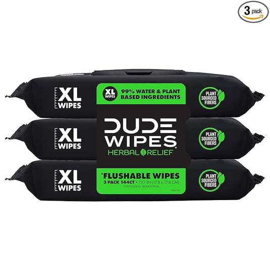 DUDE Wipes Herbal Relief Flushable Wipes - Extra-Large Adult Wet Wipes - 3 Pack (144 Count) - Infused with Soothing Witch Hazel, Geranium Essential Oils, Vitamin E, and Aloe - Septic and Sewer Safe