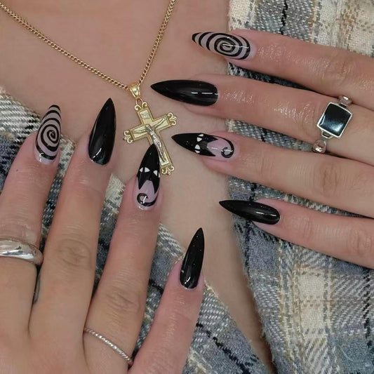 Halloween Press on Nails Almond Halloween Fake Nail Medium False Nails Black Glue on Nail with Handmade Press on Nails Kit Matte Full Cover Acrylic Stick on Nails for Women 10pcs (MT-146-L)