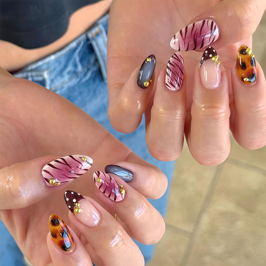 Medium Almond Press on Nails - French Tip Fake Nails with Tortoiseshell | Zebra | Polka Dot Designs False Nails Summer Glue on Nails Reusable Full Cover Stick on Nails for Women Manicure 24Pcs