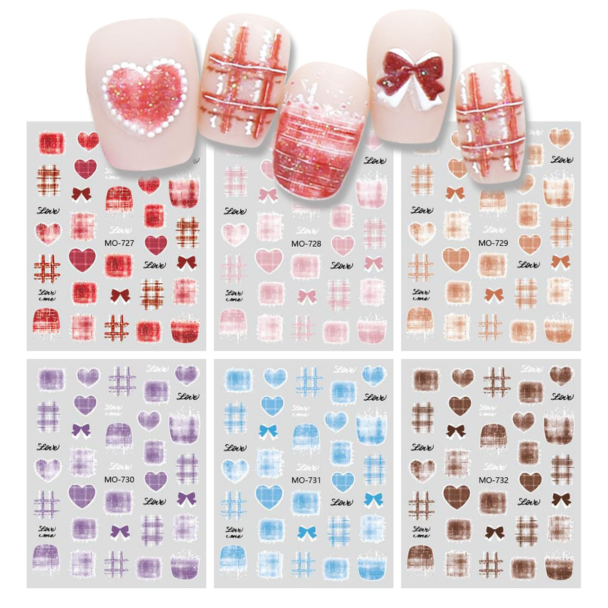 6 Sheets Bow Nail Stickers for Nail Art Red Pink Purple Blue Brown Bow Heart Designs 5D Embossed Self Adhesive Nail Decals for Women DIY Manicure Decoration YX1239