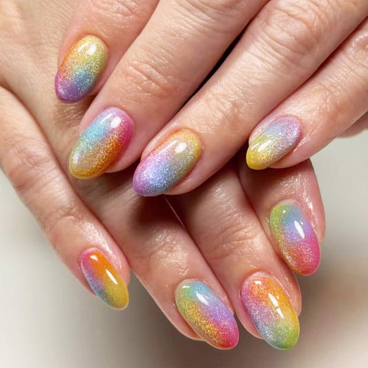 Rainbow Press on Nails With Pride Design, Medium Oval False Nails, Glossy Shimmer Glitter Fake Nail Sparkly Ombre Glue on Nail, Shine Gradient Stick on Reusable Acrylic Fingernail for Women Daily Wear