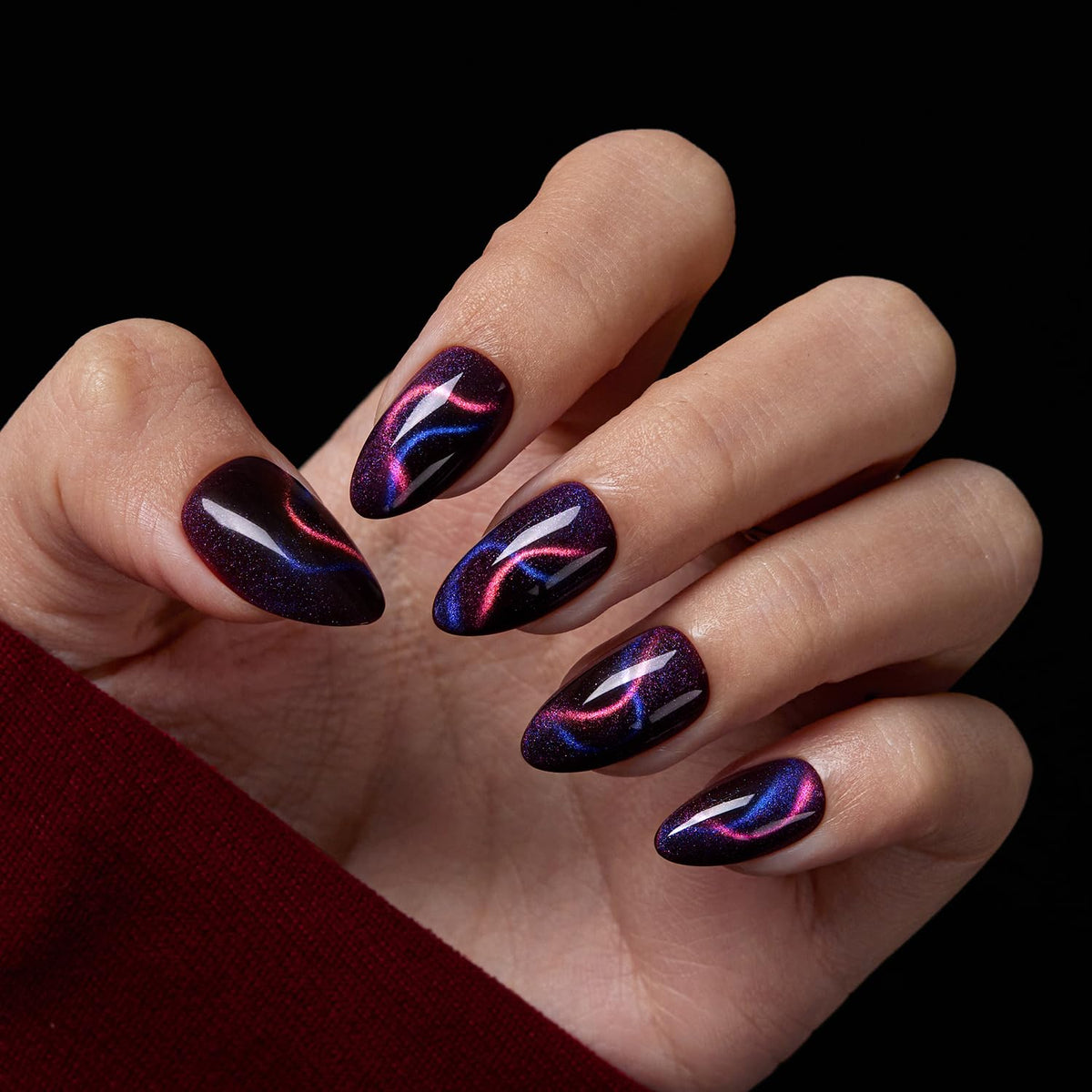 VSALON Press on Nails Short Almond - Cat Eye Fake Nails Dark Purpule Blue Sparkle Ribbon Nails, Reusable Spring Summer Opaque Gel Swirl Glue on Nails with Glue & Cuticle Oil - 32 PCS in 16 Sizes