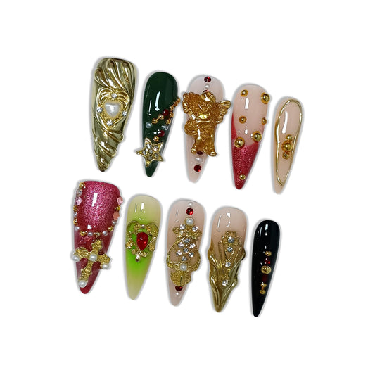 Hantyer Pink Baroque Press on Nails with Water Ripple Carving, Angel Statue, Cross & Rhinestones, Long Stiletto Glossy Luxury Fake Nails, Reusable Edgy Glam False Nails for Women Gala Party (Size S) ﻿