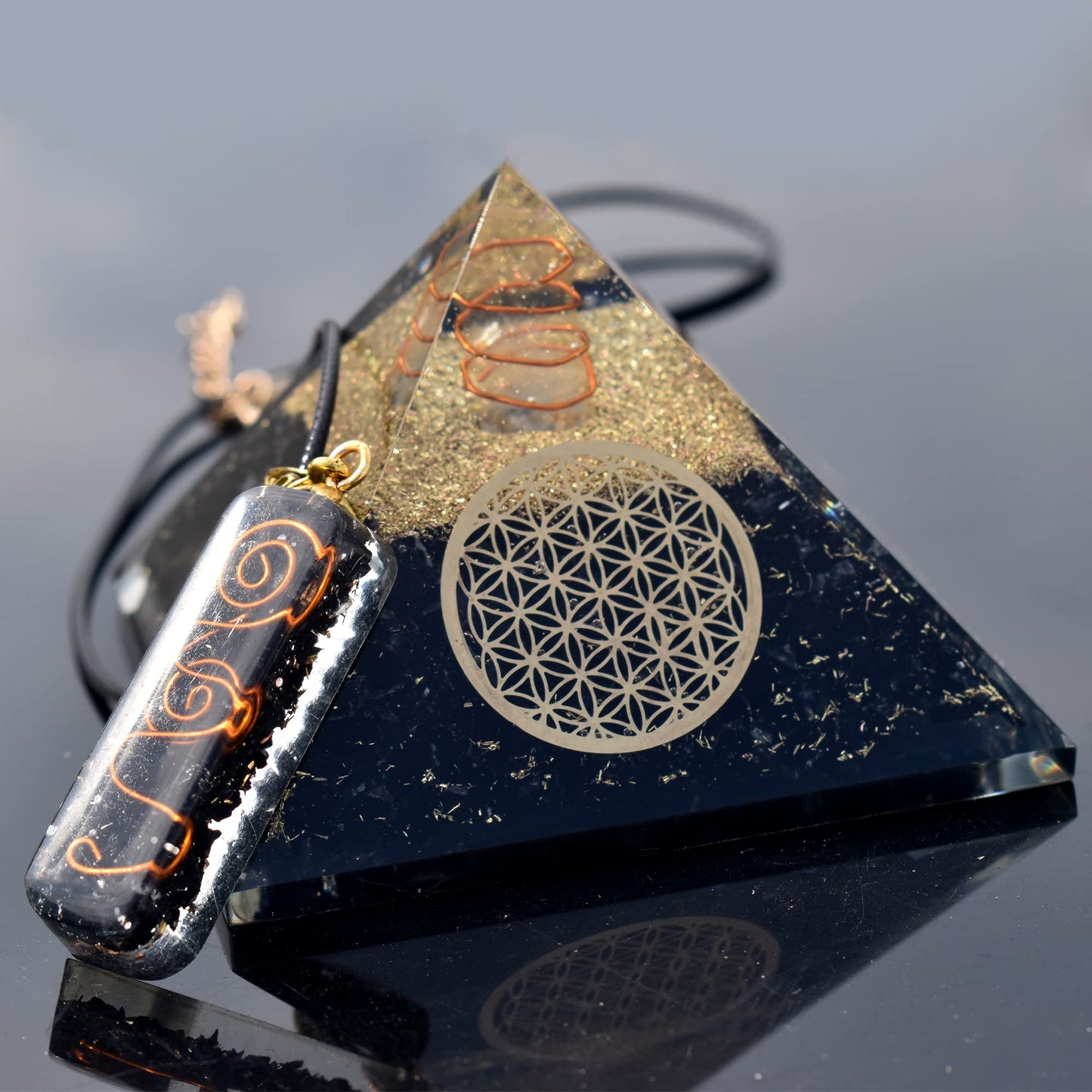 Real Crystal Black Tourmaline Orgonite Pyramid W/Flower of Life Healing Crystal Pendant, Pyramid Crystal Gemstone Pyramid for Meditation, Motivation, Positivity - Handmade in India