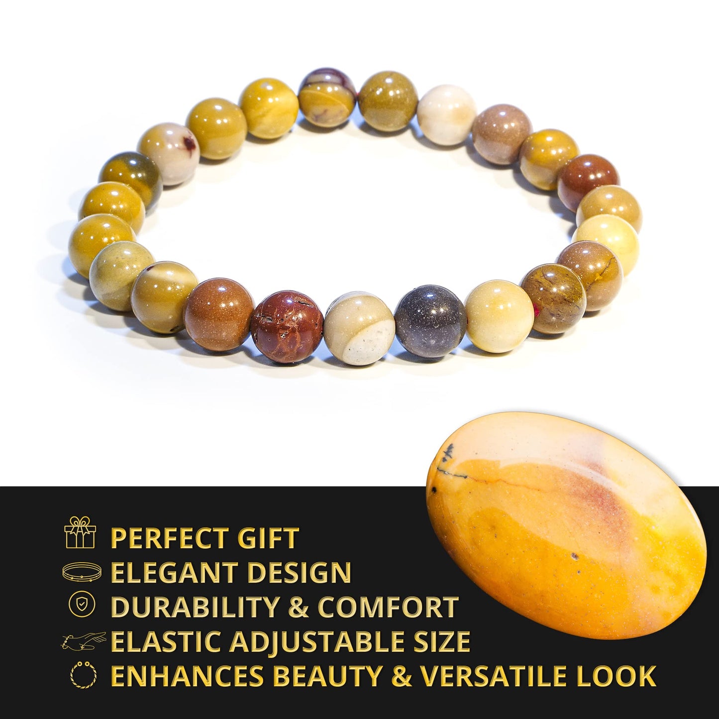 ANAYA AGATE Mookaite Jasper Bracelet, Natural Healing Crystal Bracelet for Women and Men, 8mm Round Beaded Bracelet for Spiritual, Protection, Positive Energy, Elastic Adjustable Size Gemstone Bead Bracelet