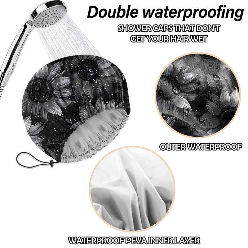 Cabreche 2 PCS Shower Cap Reusable Waterproof Double Layers Hair Caps Shower Bath Adjustable Elastic Hat for Women Girls Cute Aesthetic-Bat Sunflower