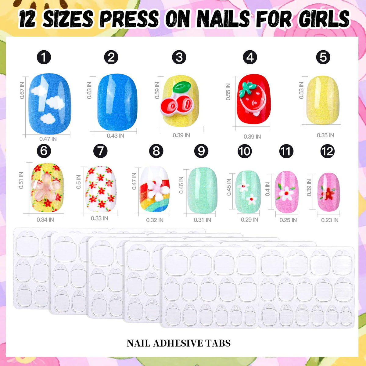 FANDAMEI Press on Nails for Girls, 6 Styles 144PCS Press on Nails for Kids, Little Girl Nails Press on Short Round with Nail Charms and Gems, Fake nails for Kids, Girls with Adhesive Tabs