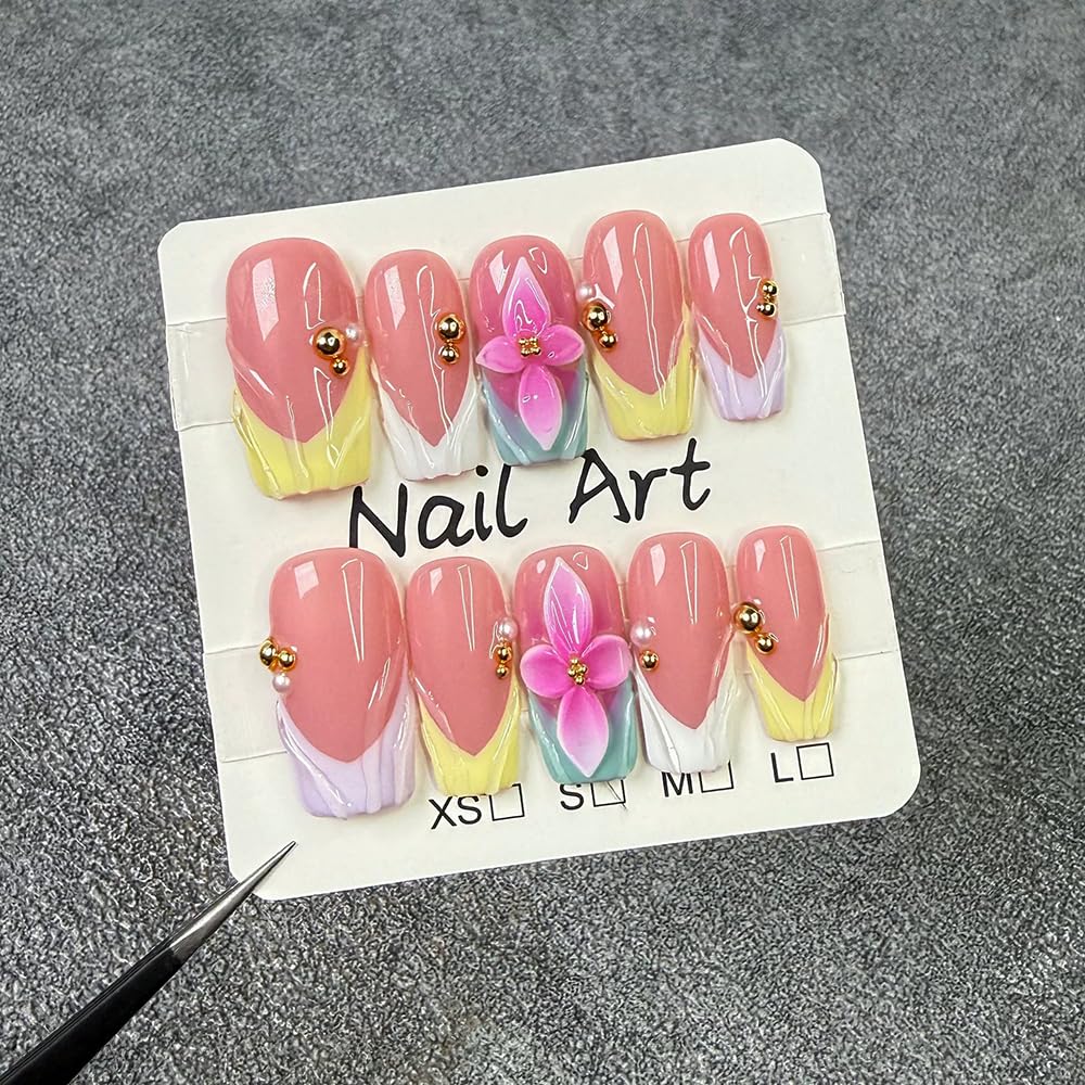 Medium Square Press on Nails Handmade Fake Nails Pink French Tip with 3D Flower Designs Pearl Charm luxury Glossy Cute Acrylic Nails for Women 10pcs (Size M）