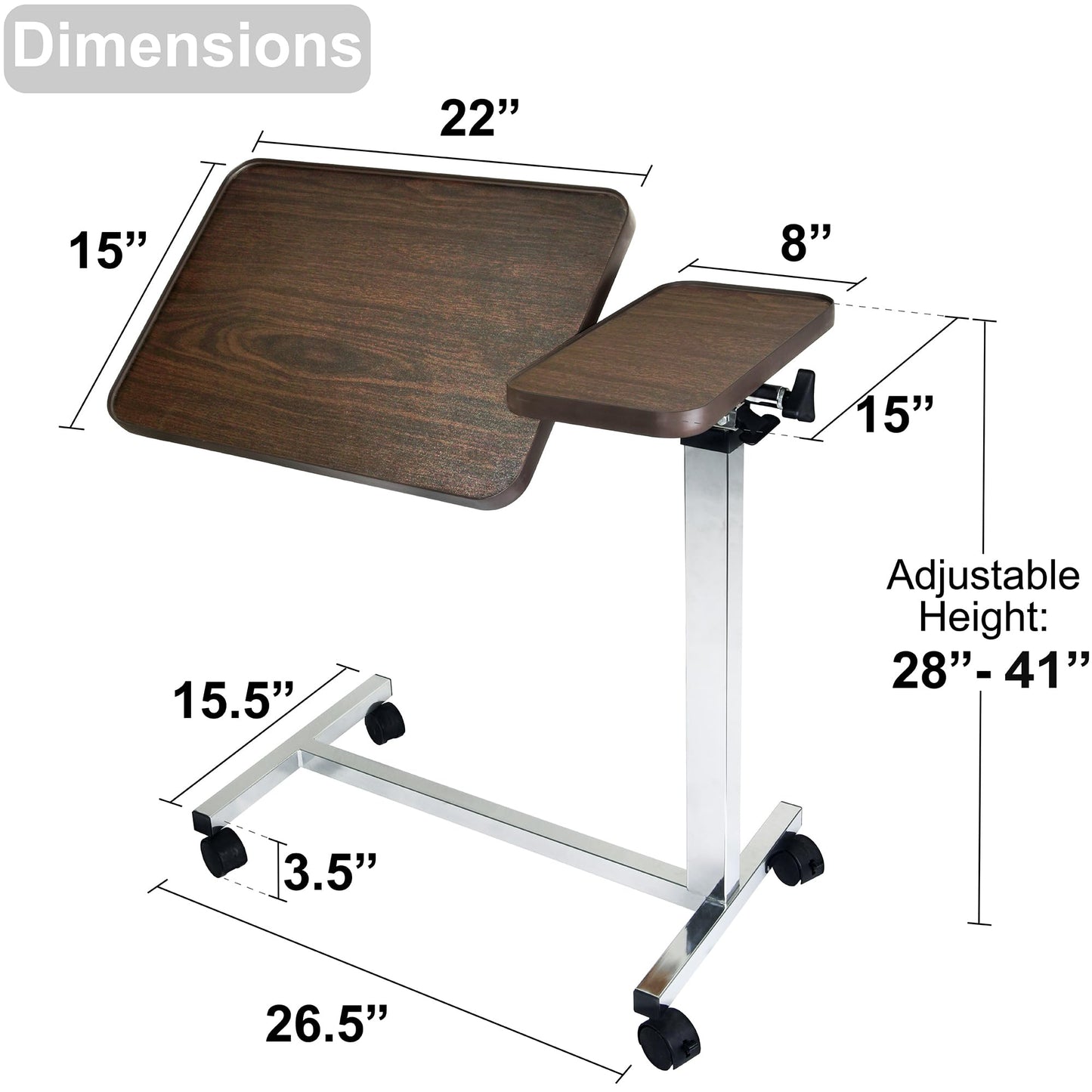Vaunn Medical Adjustable Tilt Overbed Bedside Table with Wheels for Hospital and Home Use