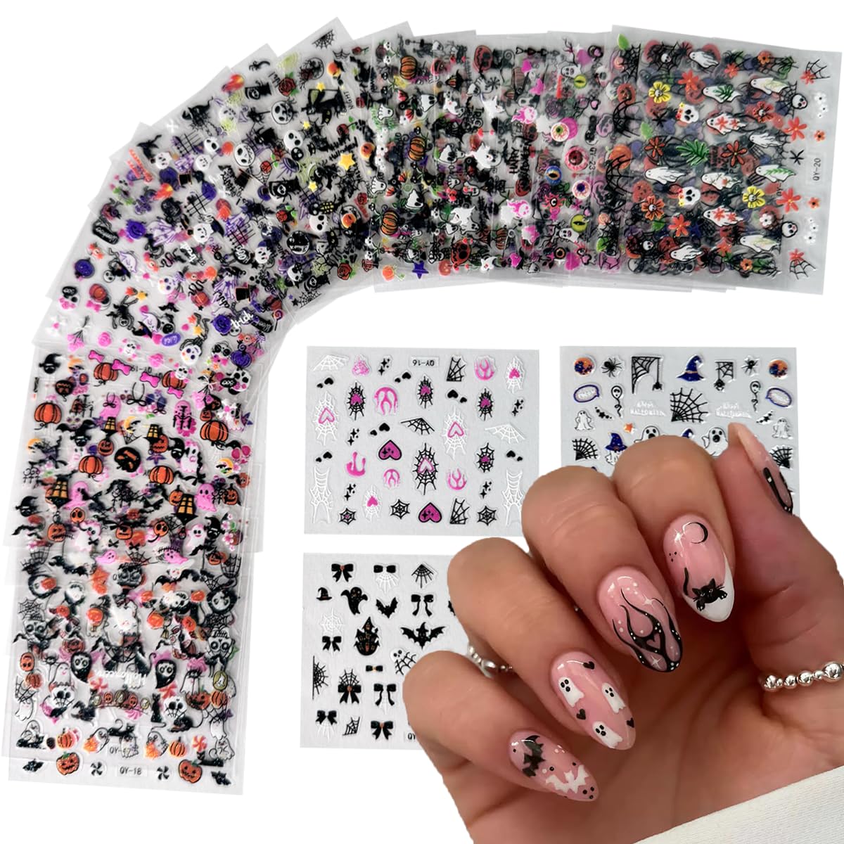 30 Sheets Halloween Nail Art Stickers Cute Ghost Pumpkin 3D Self-Adhesive Nail Decals Bat Cat Skull Designs Nail Decorations Halloween DIY Manicure Supplies for Women Girls&Kids