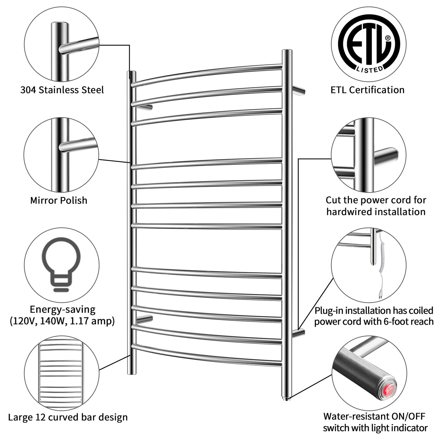 HEATGENE Towel Warmer Wall Mount Electric Plug-in/Hardwired Heated Towel Rack, 4-Supports Mirror Polish
