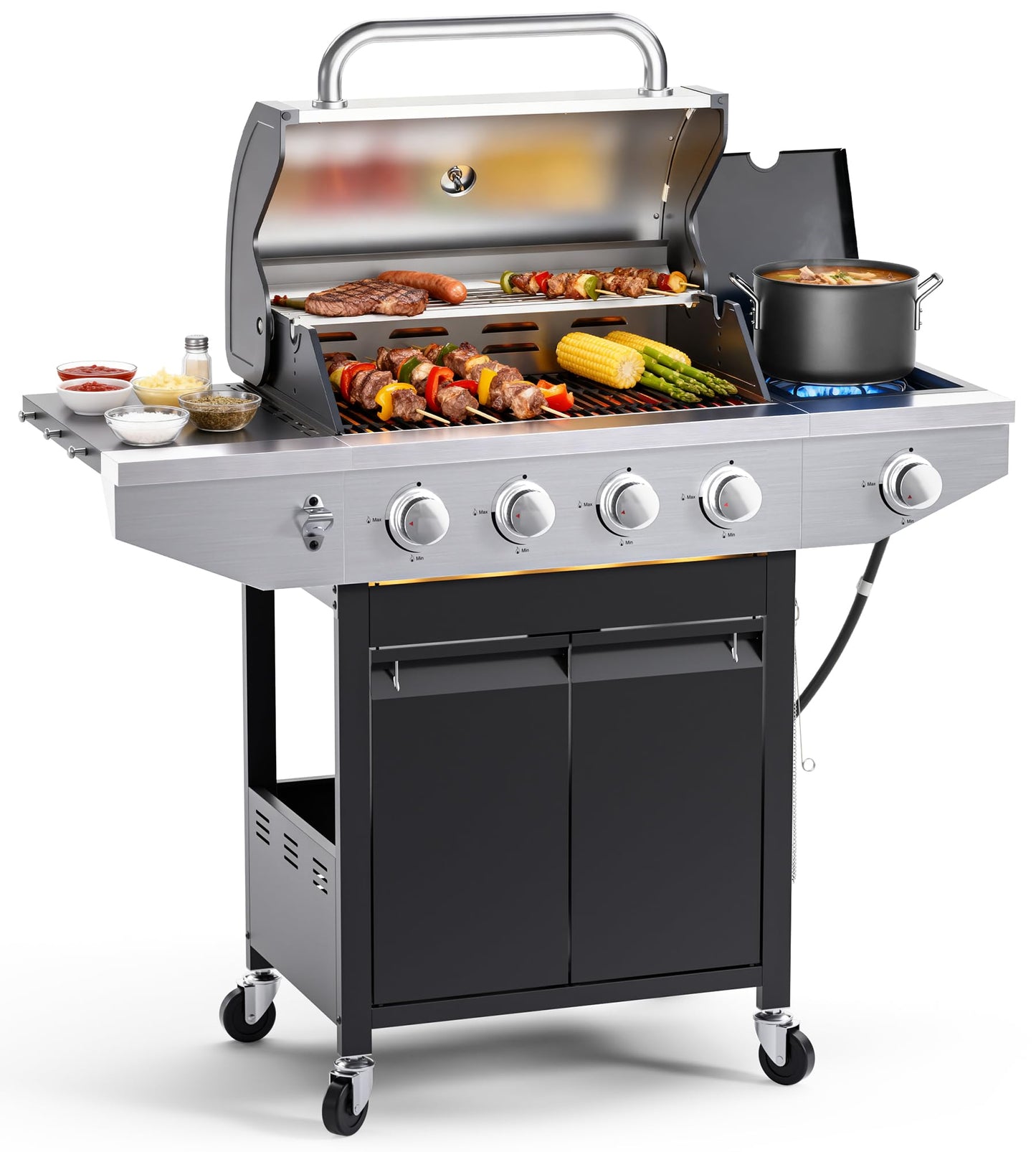 EUHOME 4-Burner Propane Gas BBQ Grill with Side Burner, 46,500 BTU Output Stainless Steel Barbecue Grill with Enameled Cast Iron Grates and Side Tables for Outdoor Cooking Kitchen and Patio Backyard