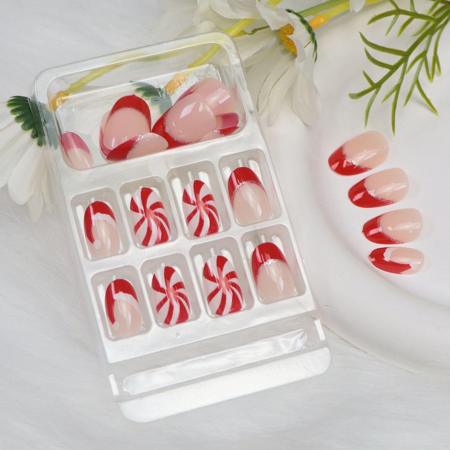 Christmas Press on Nails Short Oval French Tip Fake Nails with Swirl Glitter Designs Christmas Nails Press ons White Red Glossy Acrylic Nail Winter Stick on Nail for Women 24 Pcs
