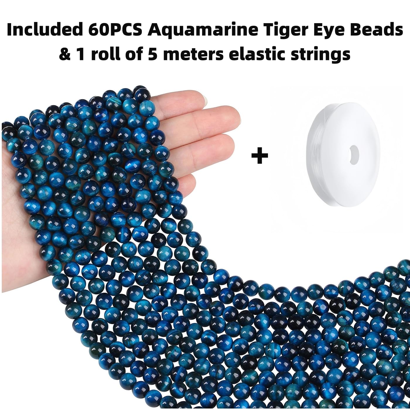 QINJIEJIE 60PCS Aquamarine Tiger Eye Beads 8mm Stone Beads Round Loose Gemstone Bead for Bracelet Beading Crystal Making DIY Necklace Earrings 0.32"