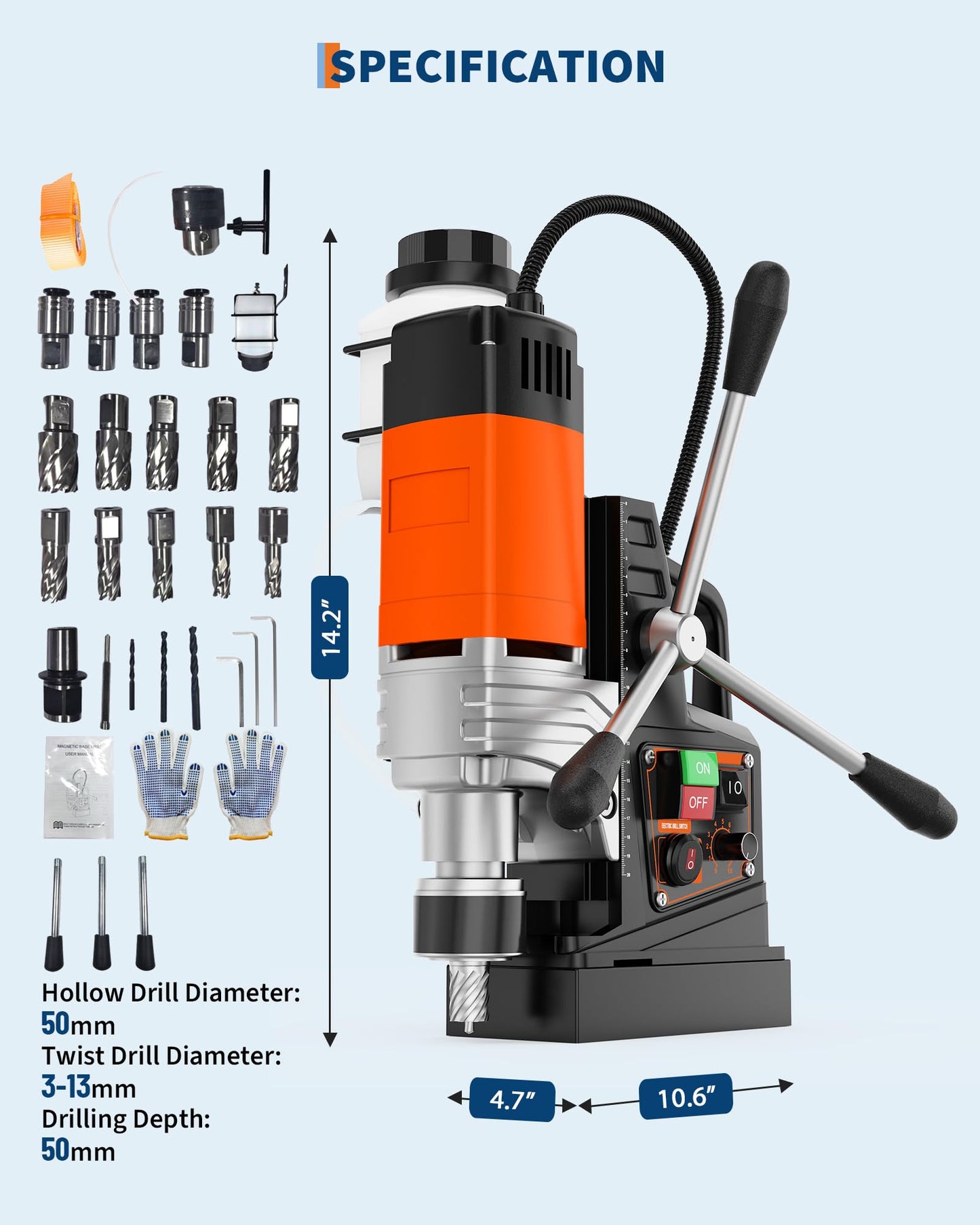 Magnetic Drill, 1850W 2" Boring Diameter, 2922Lbf Power Portable Magnetic, 810 PRM, Variable Speed with Reversible，with 10Pcs Drill Bits 3Pcs Twist Drill and 1Pcs Plastic Box for Metal Surface