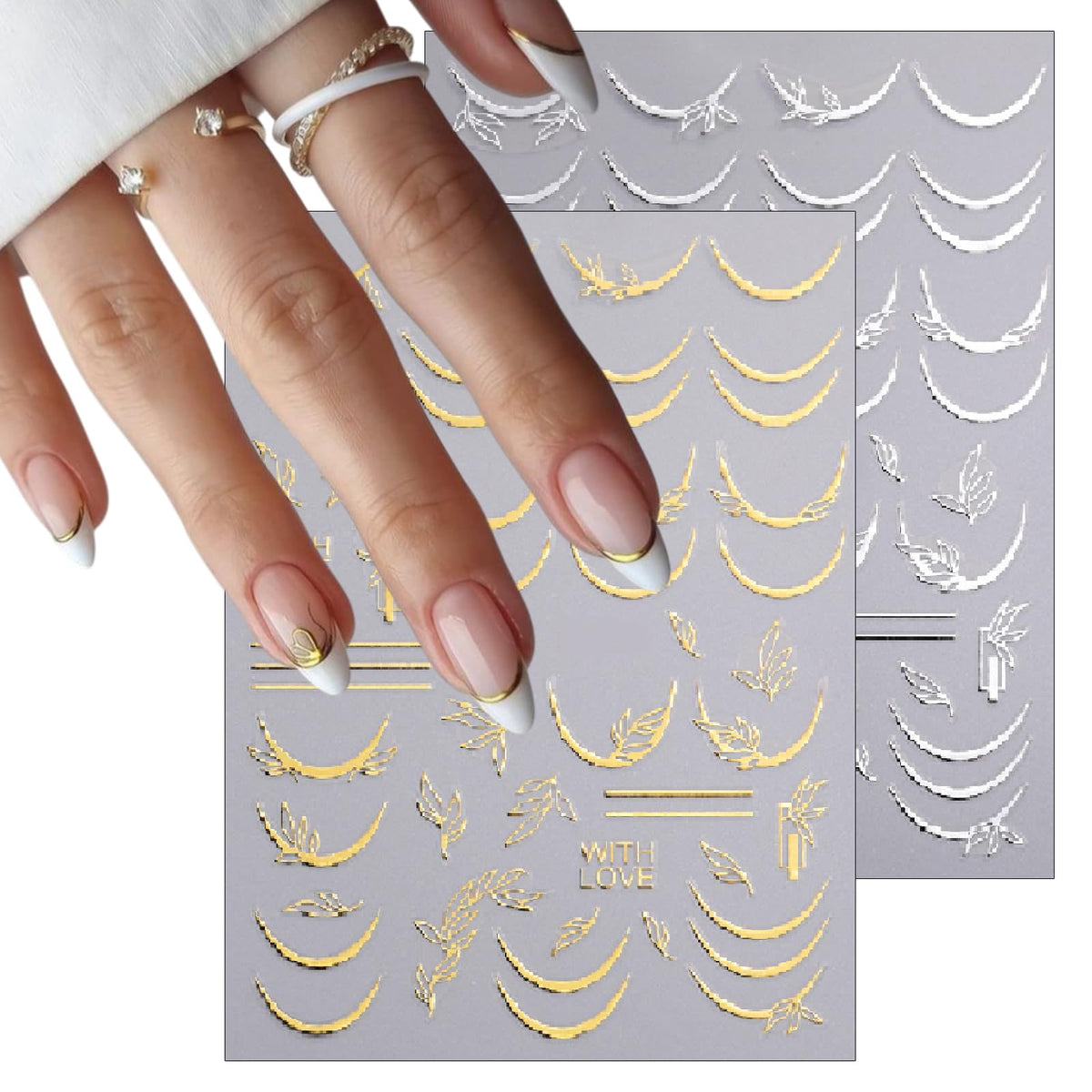 6 Sheets Lines French Tip Nail Art Stickers Gold Silver French Line Nail Decals 3D self-Adhesion Curve Lines Design French Nail Art Supplies for Women DIY Manicure Decoration