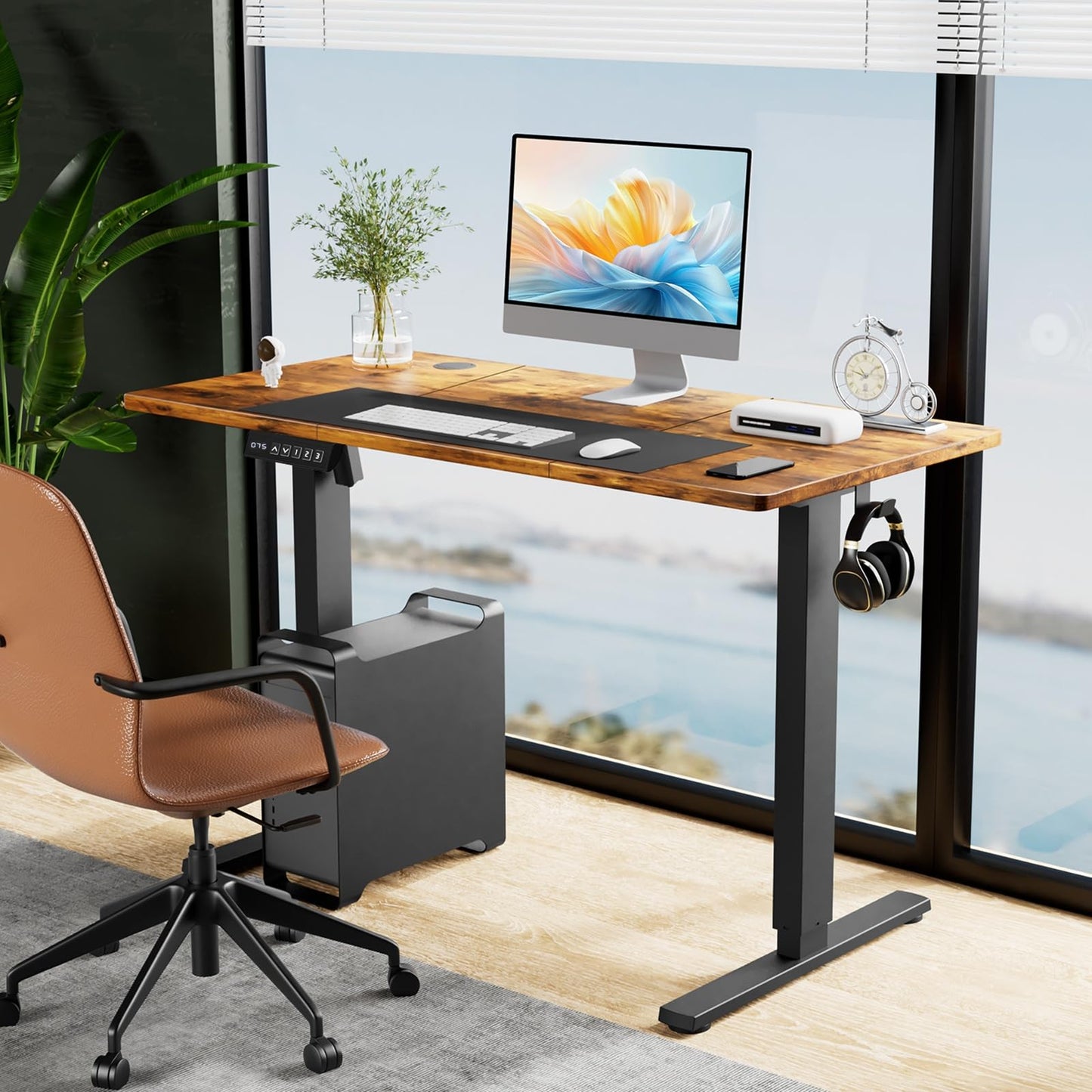 KMFurnila Electric Standing Desk Adjustable Height, 63" x 24", Sit Stand up Desk with 3 Memory Settings, Computer Desk with Cable Management for Home Office, Metal Frame, Brown