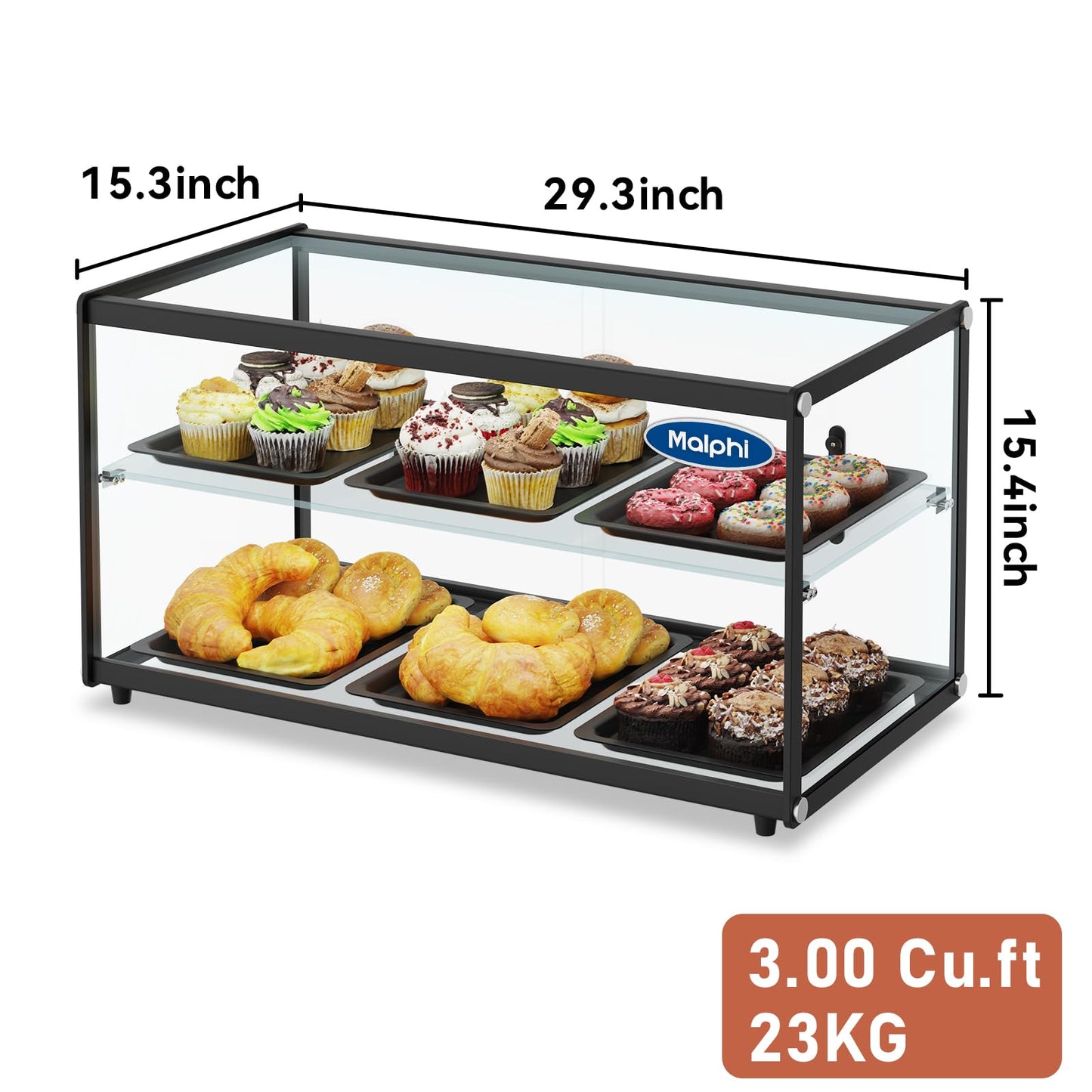 Malphi 29in. Tiered Pastry Bakery Display Case with Glass Shelf and Sliding Door,3cu. ft. Capacity|Large Bread Cookie Display Box | 29.3" x 15.3" x 15.4"