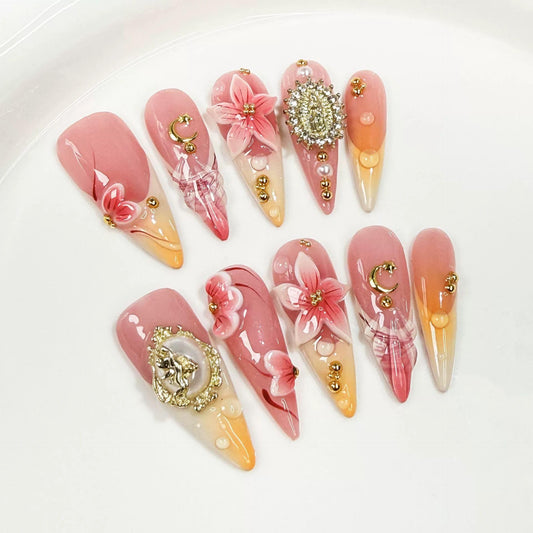 Threelegscat Handmade Press on Nails Long Almond Shape Fake Nails Stiletto Nail With Design for Women and Girls 10pcs Size M Pattern St1152