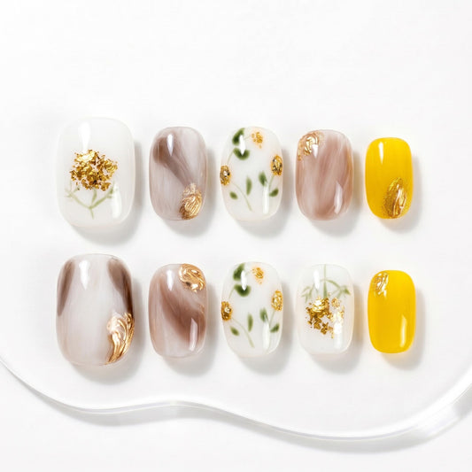 Sun&Beam Nails Handmade Press On Nail Short Round Hand-painted Golden Flowers Acrylic Fake Tip Design Art Charms Cute with Storage Box 10 Pcs (#005 S)