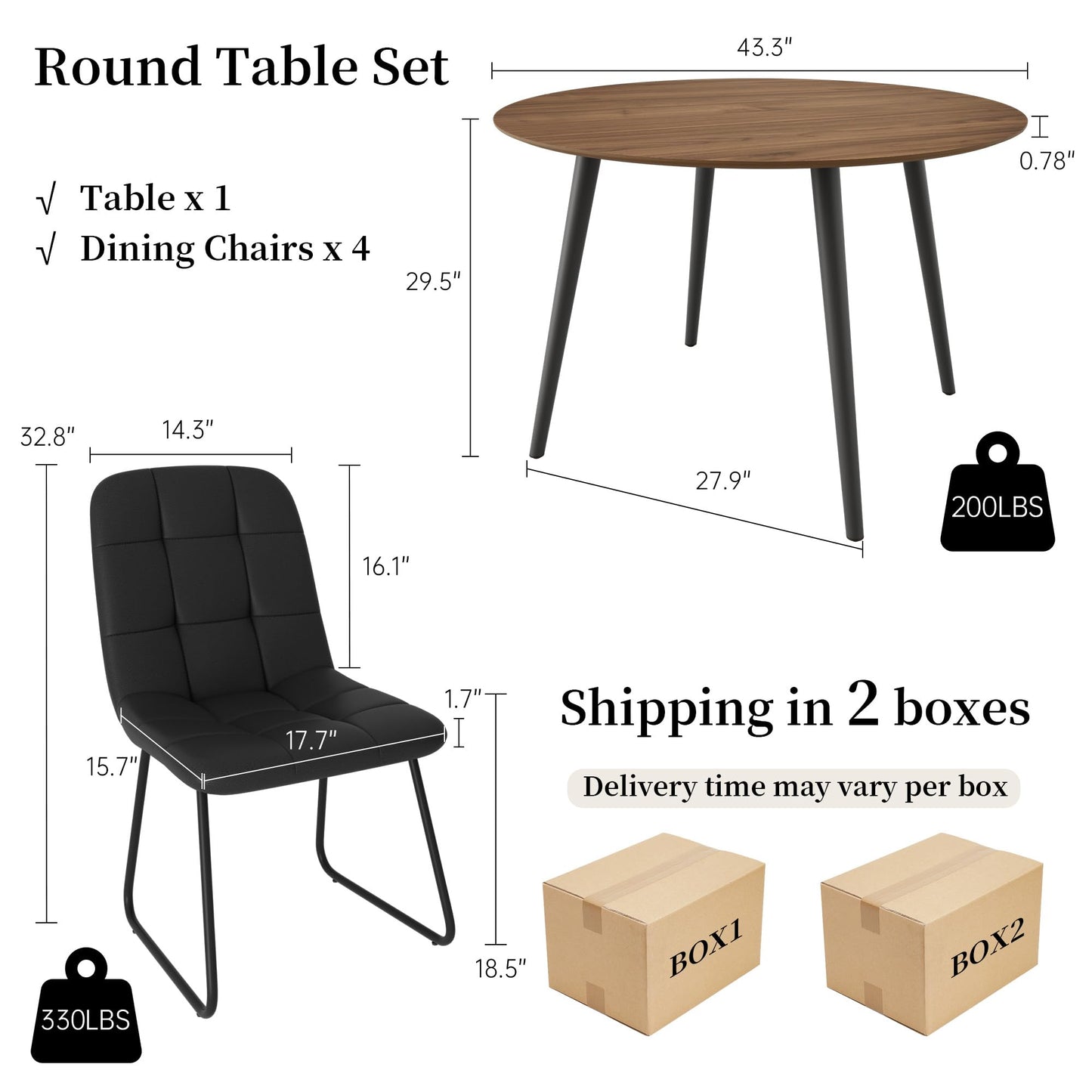 HIPIHOM 43.3 Inch Round Dining Table Set for 4, Modern Small Kitchen Coffee Set for Dining Room Kitchen Apartment (Walnut Table+4 U-Shaped Black Chairs)