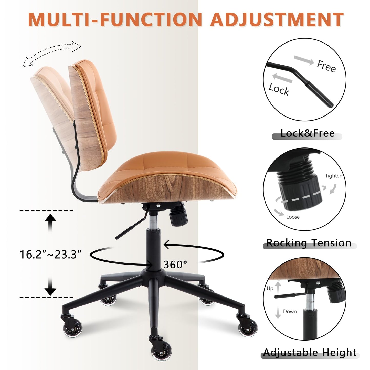 BERYTH Home Office Desk Chair with Wheels, Adjustable Height Armless Office Chair, PU Leather Mid Back 360° Small Computer Chair, Modern Walnut Chair No Arms for Office, Reading Meeting Room(Brown)