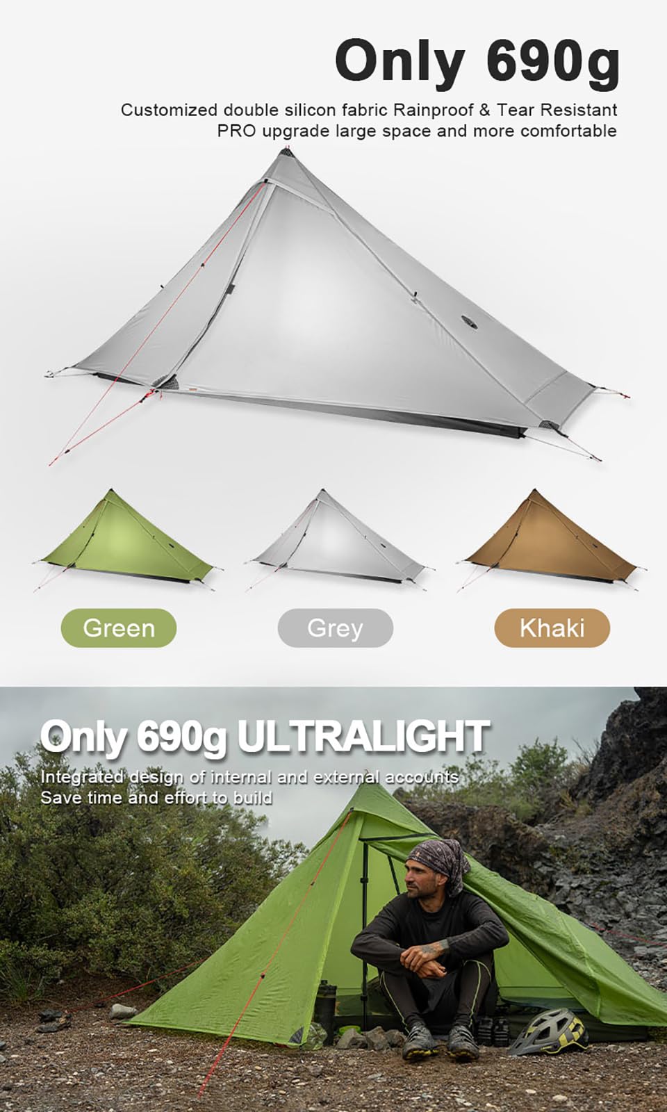 ROOMEDAL 3F UL Gear Lanshan PRO Lanshan Ultralight Tent 3 Season Backpacking Tent for 1 Person, Waterproof Professional Tents for Camping, Trekking, Kayaking, Climbing, Hiking