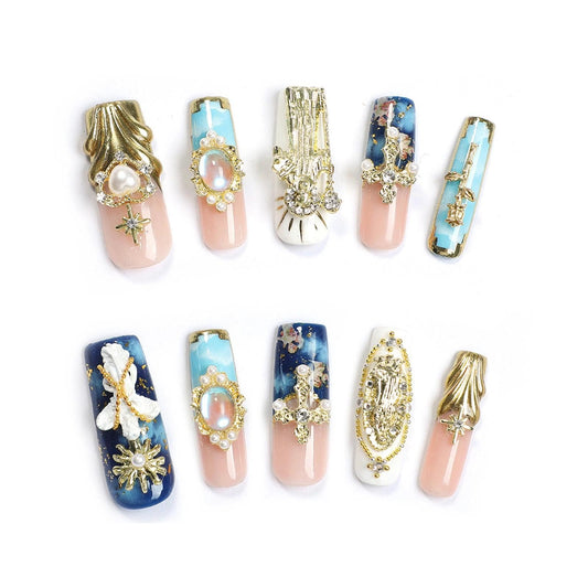 Handmade 3D Blue-Pink-Gold Royal Embossed Pearl Square Press On Nails, Luxury Retro Noble Style Artisan Nails Set, Reusable Glossy Press-ons with Tool Kit(S)