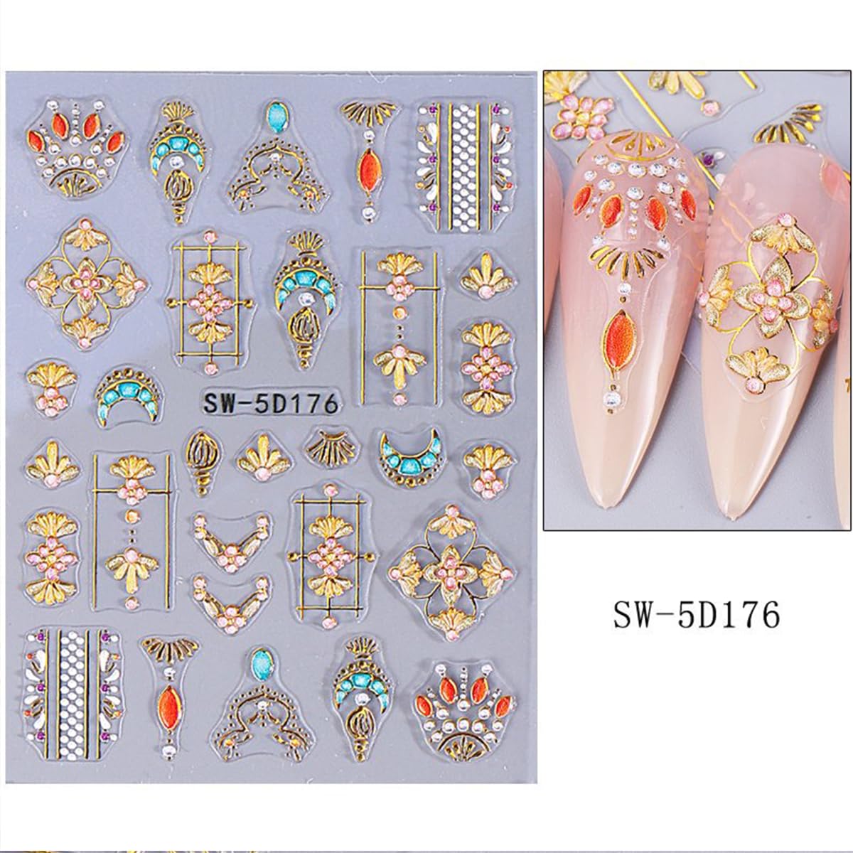5D Embossed Star Sun Nail Art Stickers Flower Nail Decals Self-Adhesive Bohemian Style Nail Stickers Nail Designs Decoration for Women Girls Nail Art Supplies 2 Sheets