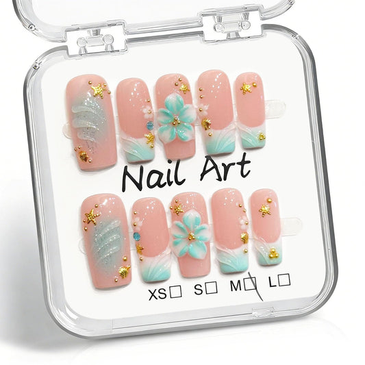 10 Pcs Handmade Press on Nails Medium Square Fake Nails with Blue 3D Flower Design False Nails Pink Acrylic French Tip Press Ons Nails Square M Size for Women Ocean Manicure