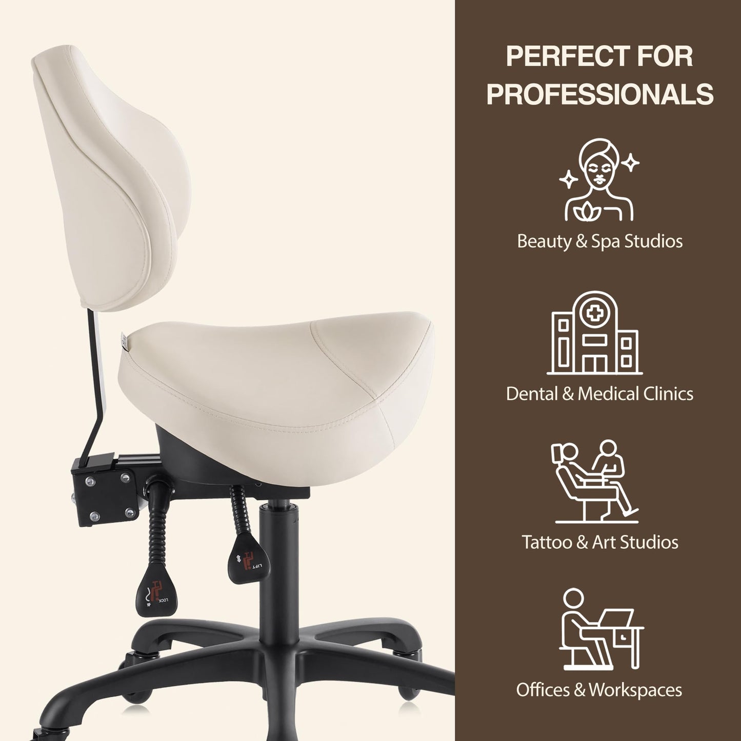 DR.LOMILOMI Pneumatic Swivel Rolling Saddle Chair with Wheels and Ergonomic Back Support for Hair Stylist, Dental Hygienist, Hygienic Clinic, Spa, Massage, Home, Office - 510 KOA (Vanilla, Standard)