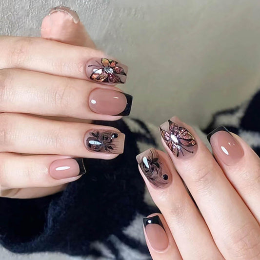 RTKHFZE Short Press on Nails Square Black Butterfly Fake Nails with Design Exquisite Stick on Nails Full Cover Acrylic Glossy Glue on Nails Artificial Nails for Women Manicure Decorations 24Pcs