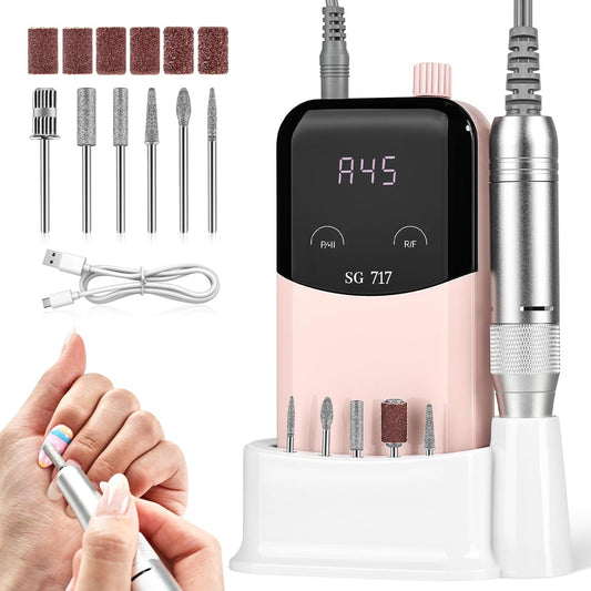 JEWHITENY Rechargeable Cordless Nail Drill for Beginners,Professional Nail Drill 45000RPM,SG717 Electric Nail File for Acrylic Gel Nails,Remove Nail Gel Polish(Pink)