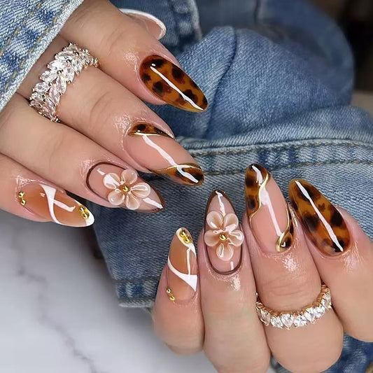 Medium Press on Almond Nails - Brown Fake Nails with Flower Design - Leopard Print, Ombre False Nails - for Women 24 Pcs
