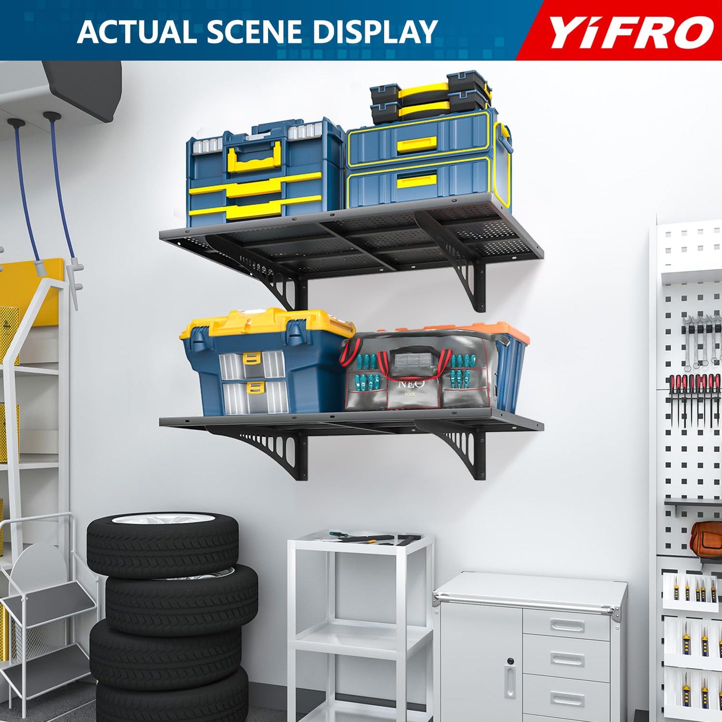 YIFRO 2-Pack 2x3ft Heavy Duty Garage Wall Shelving, 500 lbs Load Capacity, Garage Shelving Wall Mounted, Garage Storage Rack with Hooks, Black