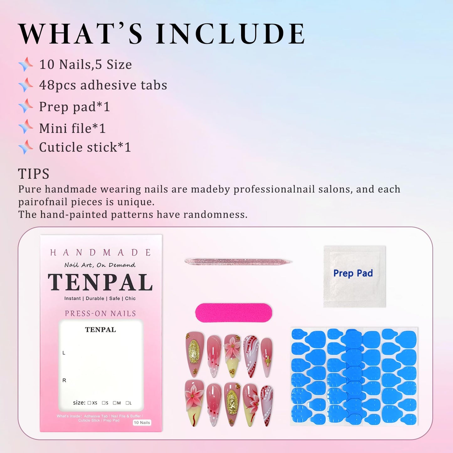 TENPAL Handmade Press on Nails Long Stiletto - Vivid Red 3D Floral Blush Ombre Hand Painted Design Fake Nails for Women Girls- Glossy French Tips Stick on Nails for Gifts(L)