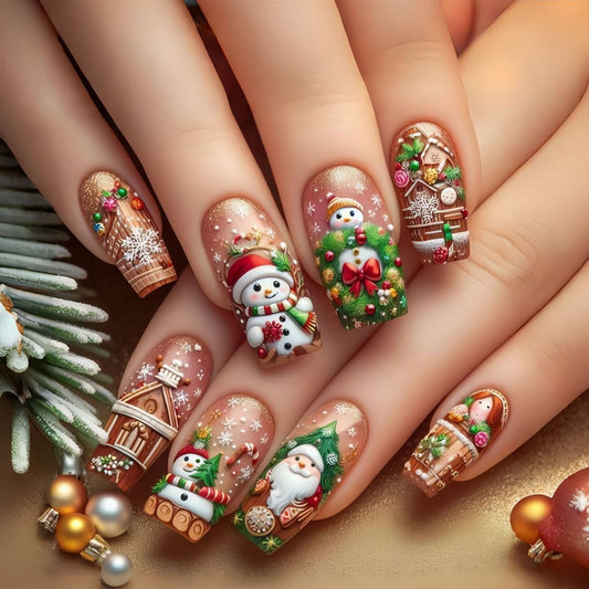 24pcsChristmas Press on Nail Medium Length Long Square Fake Nails Gold designs Cute Snowman Snowflake Castle Pattern Stick on Nail Glossy Full Cover Xmas False Nails Reusable Glue on Nails for Women